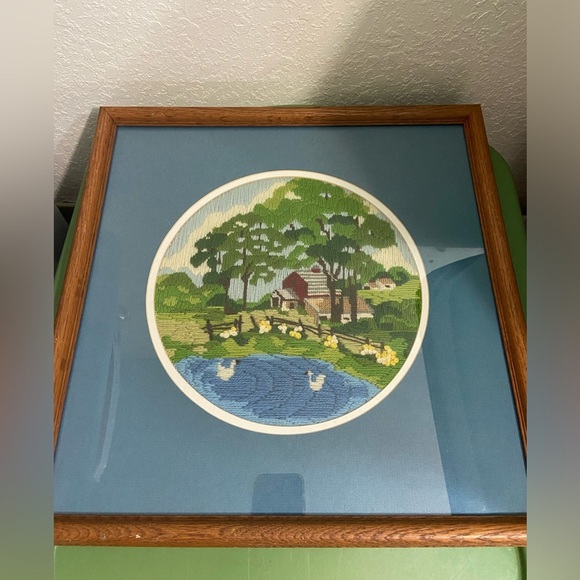 VTG Farm Scene Longstitch Embroidered Needlepoint Pond trees barn ducks framed - Picture 1 of 6